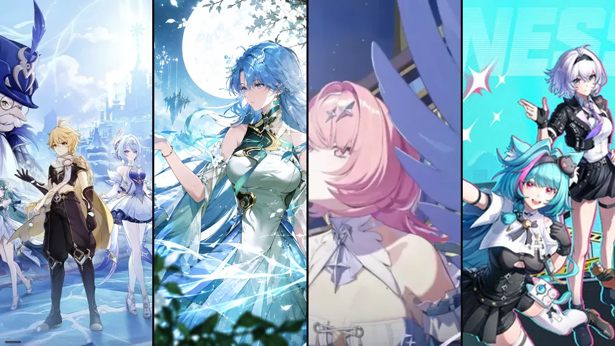 Collage of four free anime games on PC: Genshin Impact, Wuthering Waves, Zenless Zone Zero and Neverness to Everness