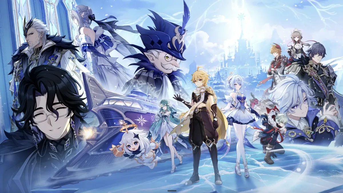 Genshin Impact key art: the Traveler, Paimon and Snezhnaya characters in front of a frozen palace