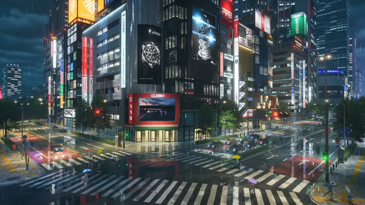NTE: Neverness to Everness city at night: a rainy crosswalk under lit skyscrapers and giant billboards