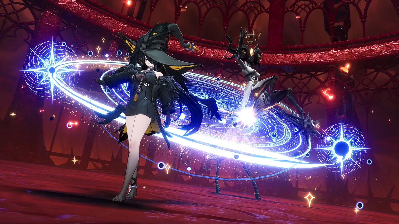 NTE: Neverness to Everness combat: two characters in black outfits casting a glowing blue magic circle in a red theater