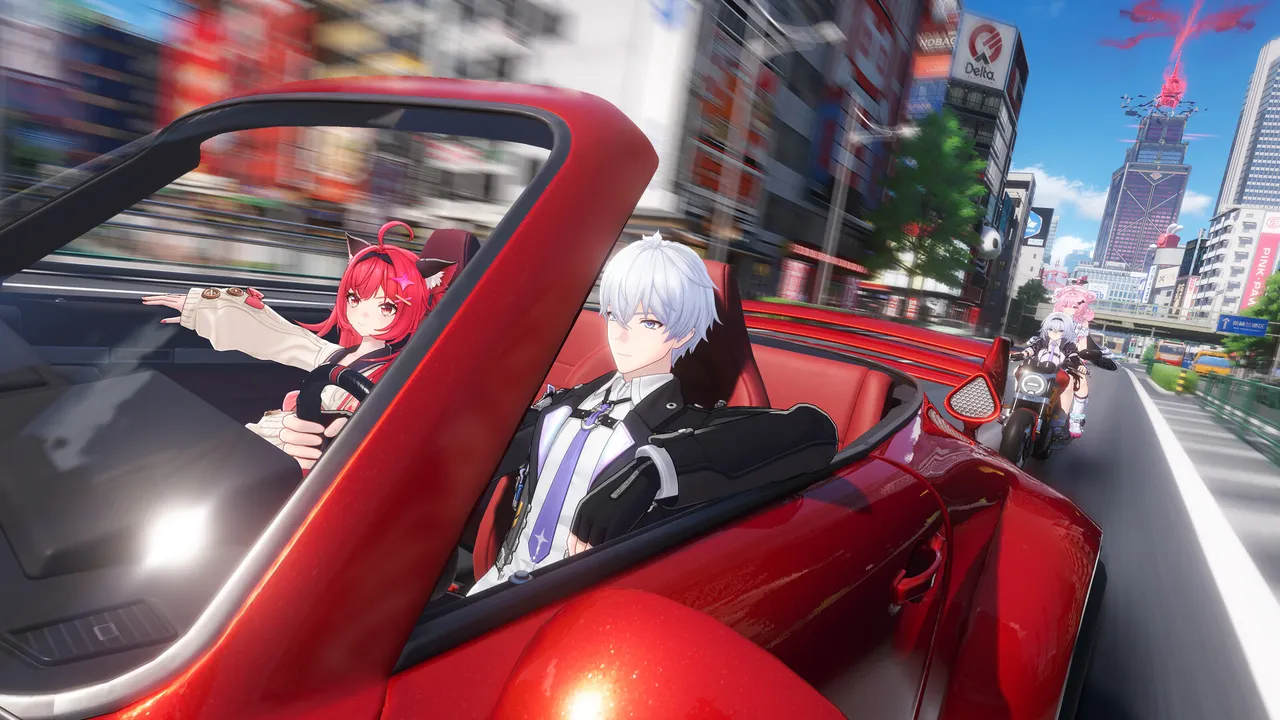 NTE: Neverness to Everness driving: a red-haired girl and a white-haired man in a red convertible speeding through city traffic