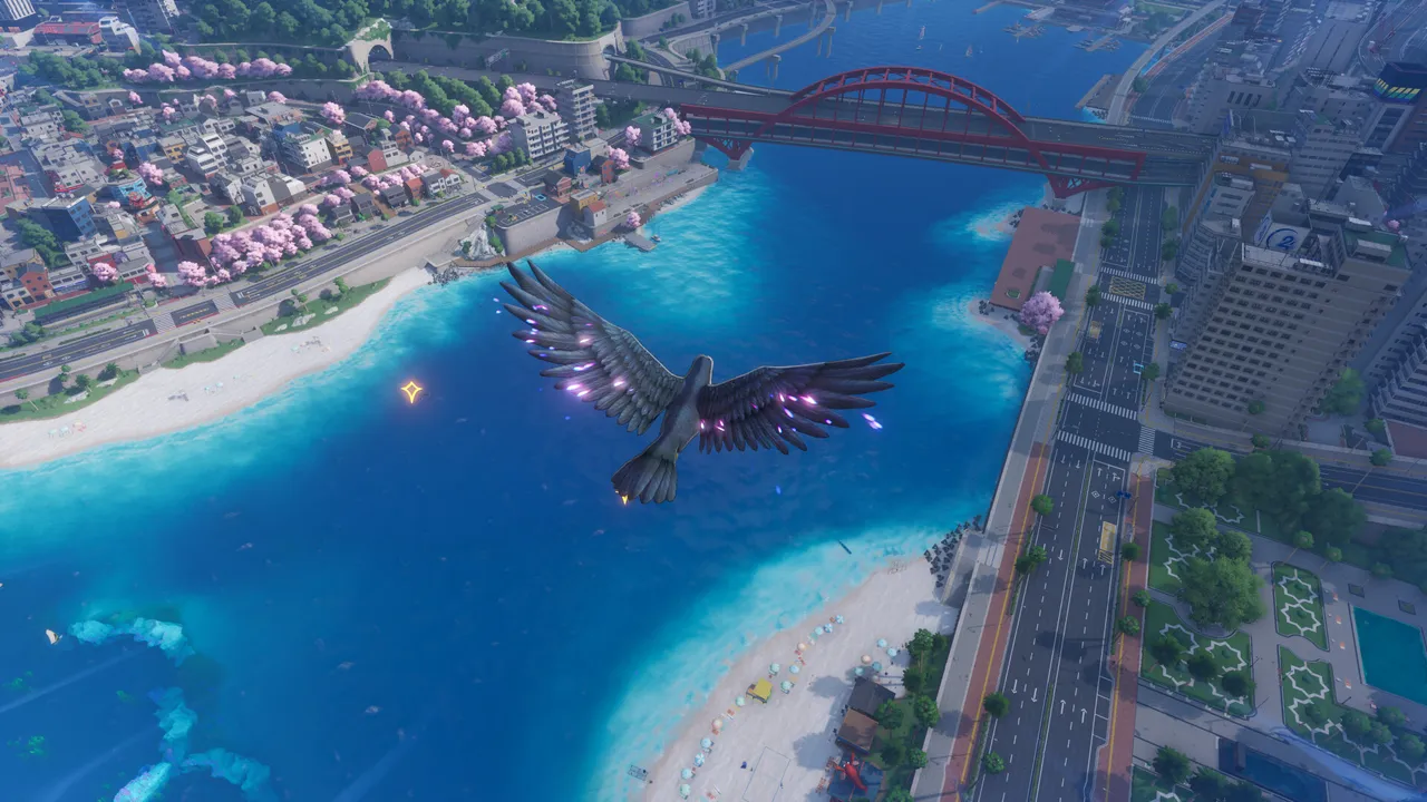 NTE: Neverness to Everness flying: a giant dark bird soaring over a coastal city with a red bridge and a turquoise bay