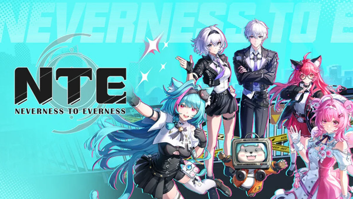 Neverness to Everness key art: the NTE logo beside five characters on a turquoise city background