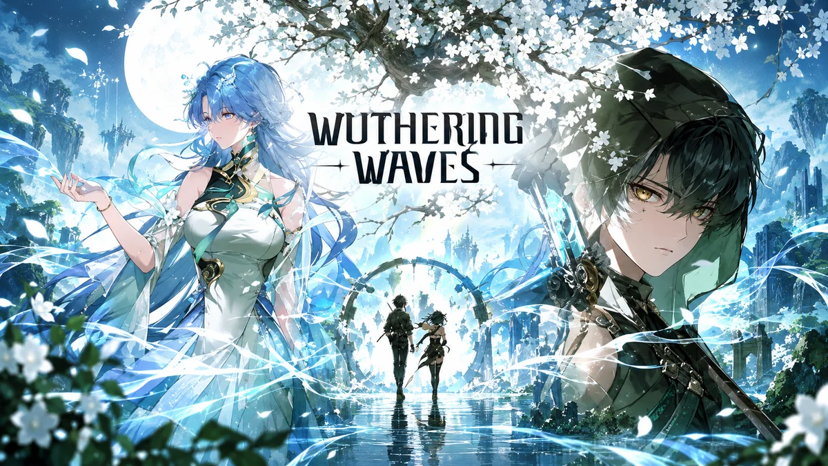 Wuthering Waves key art: two characters framing the game logo above a misty landscape