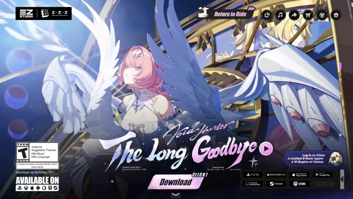 Zenless Zone Zero key art for the Void Hunter: The Long Goodbye update, a pink-haired agent with wings